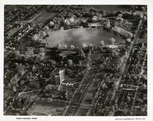 Aerial photograph of Smith Lake at Washington Park. Photographed by Otto Roach of the Denver Commercial Photo Co., circa 1932-1935. Image courtesy Stephen H. Hart Library & Research Center, History Colorado.