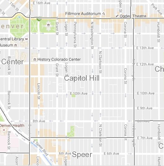 The Capitol Hill neighborhood is bounded by Downing, Broadway, 7th Ave. and Colfax.