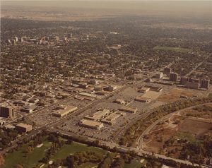 An undated aerial photo showing the Cherry Creek Shopping Center and surrounding area. Image courtesy Stephen H. Hart Library & Research Center, History Colorado