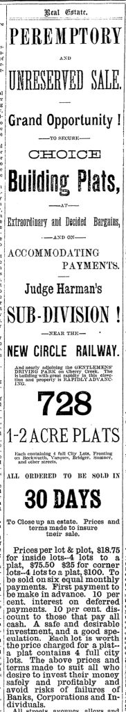 A real estate ad for the Harman subdivision that was published in the Denver Republican newspaper in 1882. Image courtesy Stephen H. Hart Library & Research Center, History Colorado