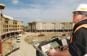 Early construction of Stapleton. Quebec Square opened in the summer of 2002 and the Town Center opened the following summer. The first home was occupied in July, 2002 and the first school opened in the fall of 2003. Image: Front Porch Stapleton