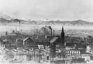 A view of the early Denver skyline looking west, which includes the Eagle Flour Mills, Franktown Creamery and parts of Auraria and Lincoln Park. Image courtesy Stephen H. Hart Library & Research Center, History Colorado.